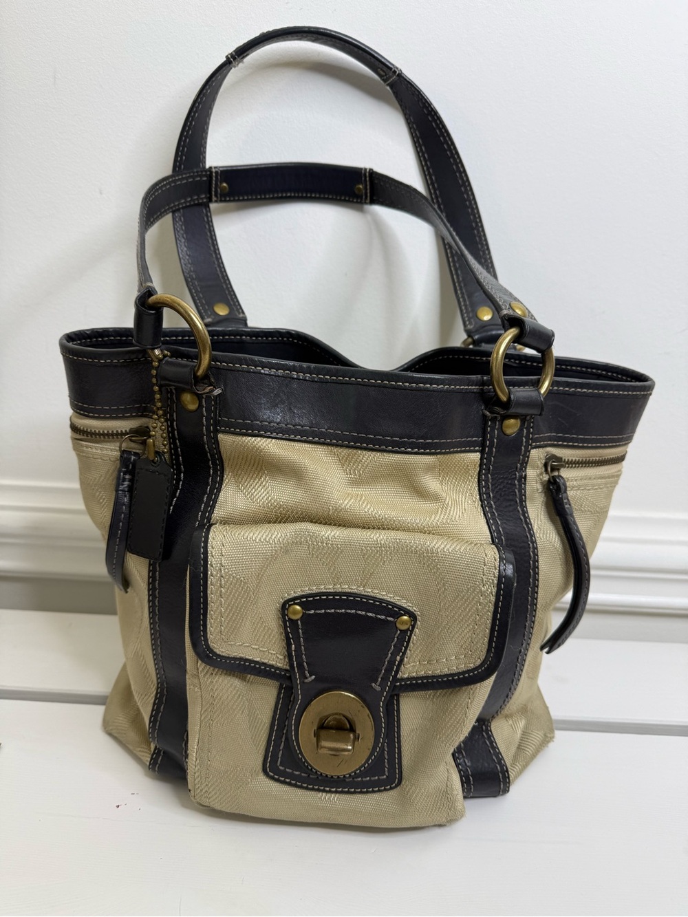 Coach Beige and Dark Brown Leather-Trim Shoulder Bag